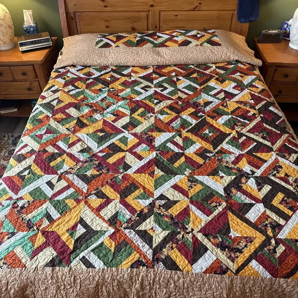 Amazing Vintage Handmade Joyful Plaid Quilt With Pillow Tuck Queen